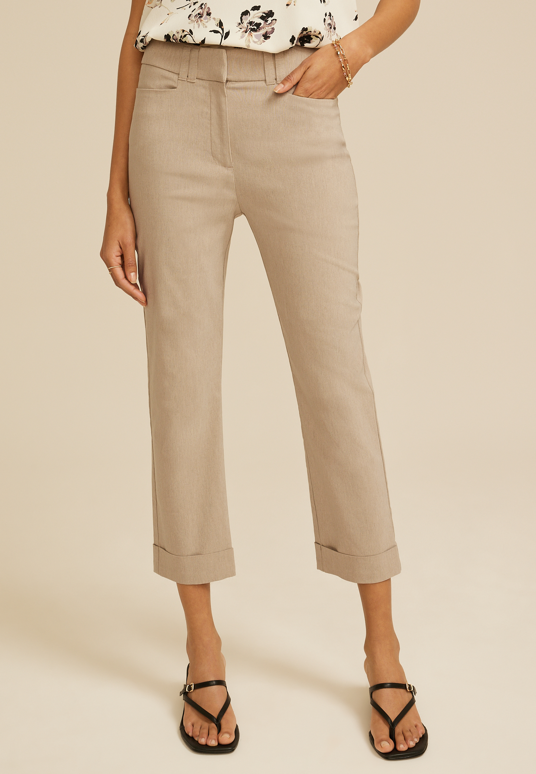 Heathered Bengaline Mid Rise Cuffed Slim Straight Cropped Pant