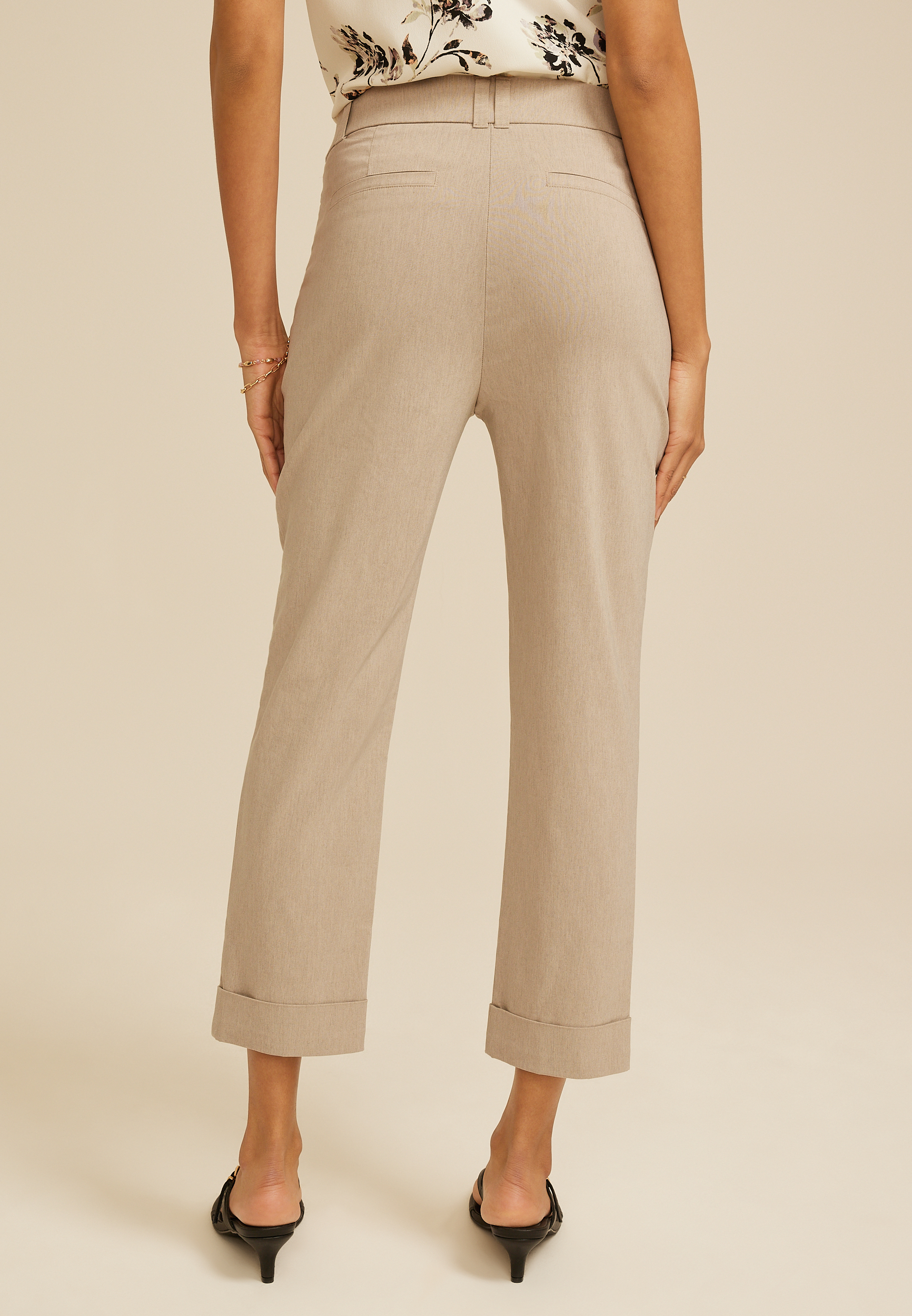 Heathered Bengaline High Rise Cuffed Slim Straight Cropped Pant, C5609, large