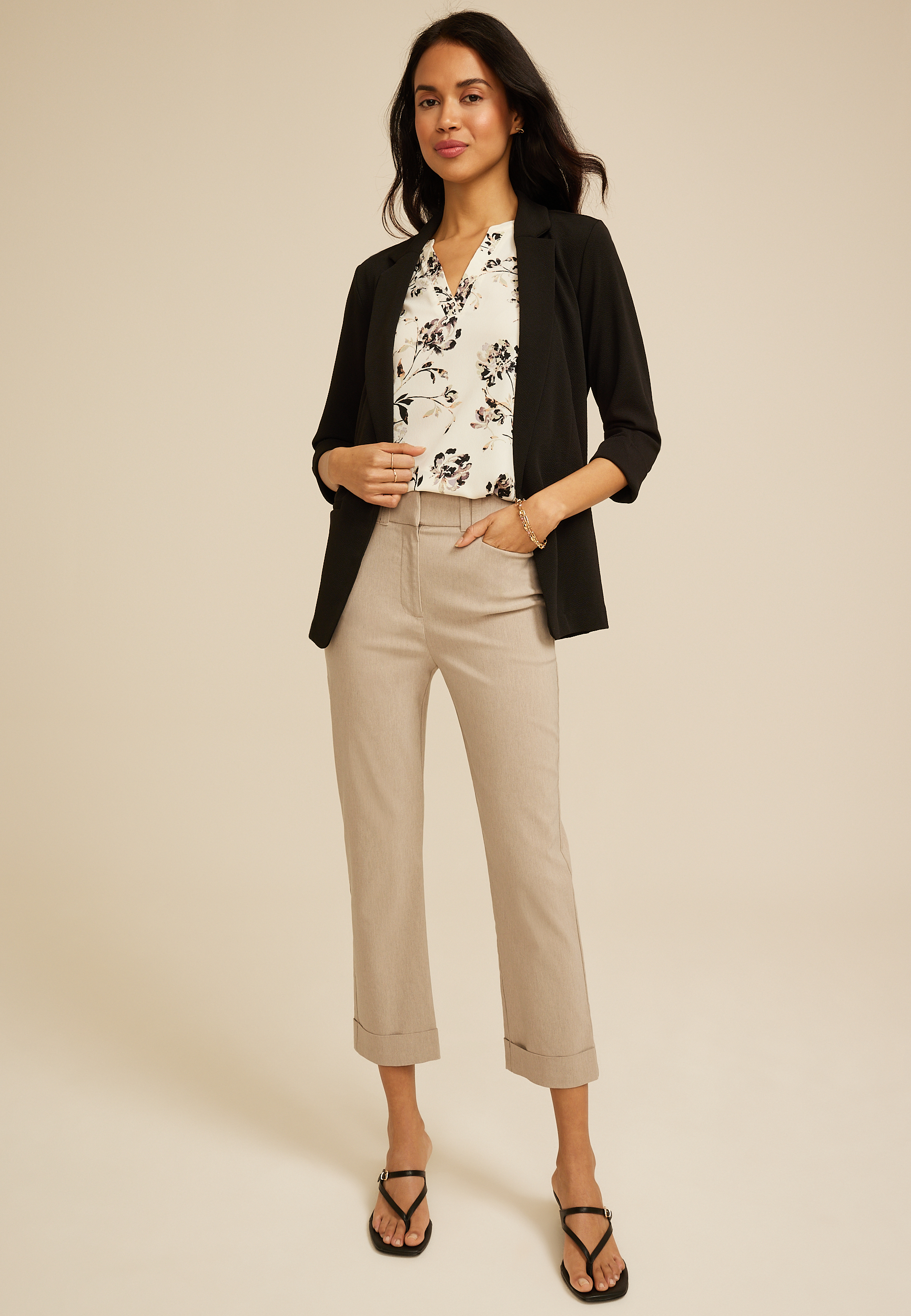 Heathered Bengaline High Rise Cuffed Slim Straight Cropped Pant, C5609, large