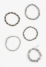 Mixed Beaded Stretch And Silver Link Bracelet Set, BLACK COMBO, small