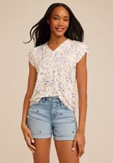 24/7 Magnolia Floral V Neck Tee, C5487, small
