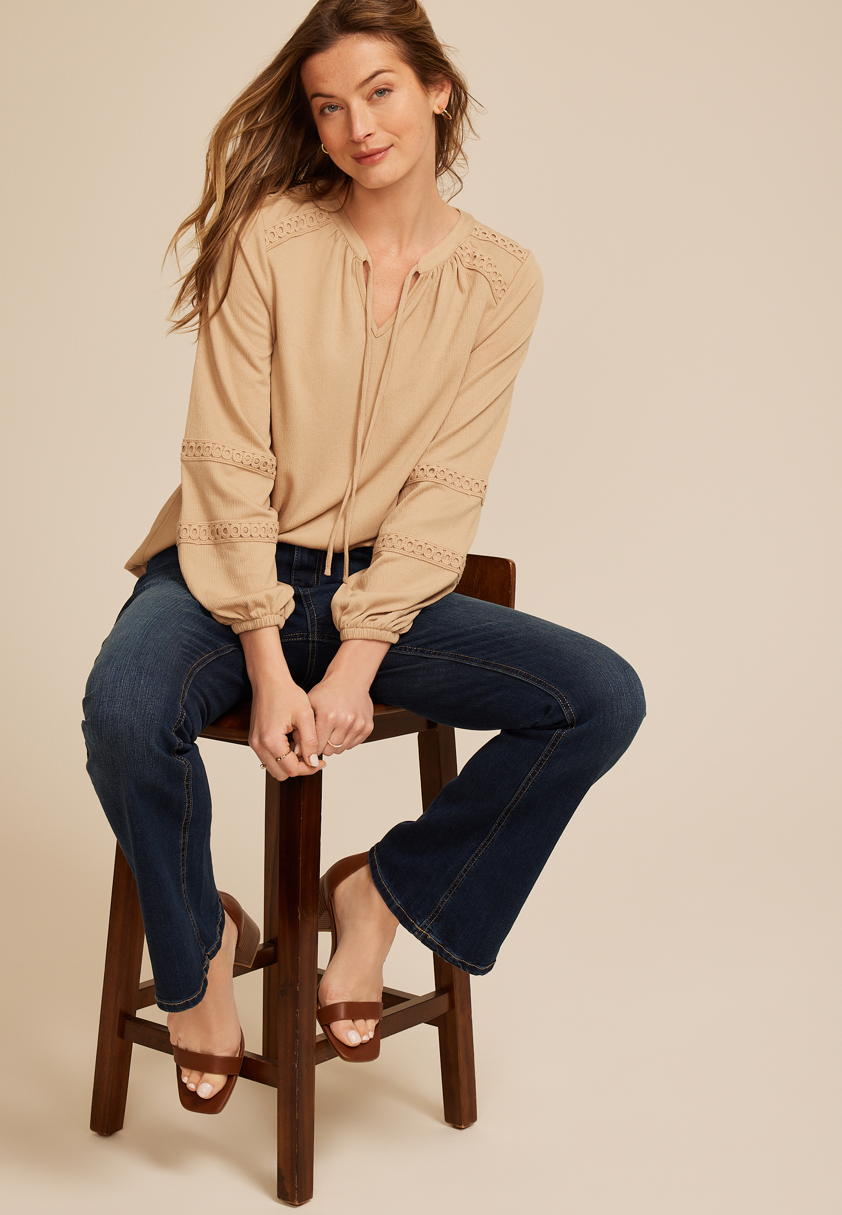 Gauze Tie Neck Crochet Trim Blouse