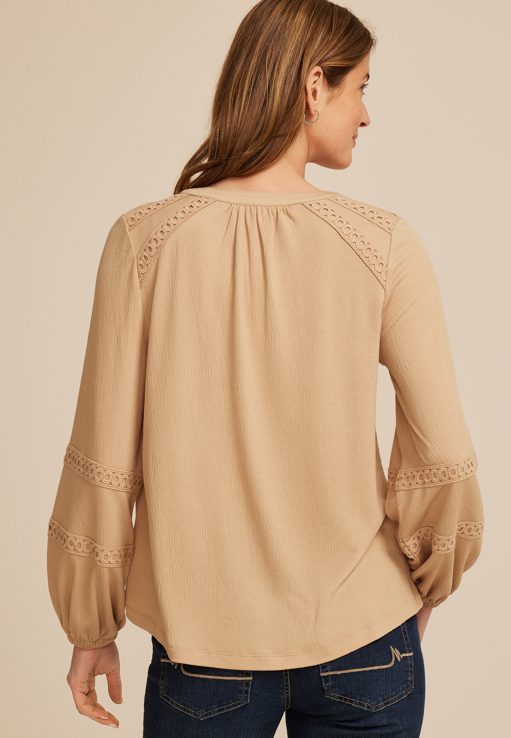 Gauze Tie Neck Crochet Trim Blouse | maurices