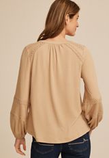 Gauze Tie Neck Crochet Trim Blouse, C4399, small