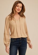 Gauze Tie Neck Crochet Trim Blouse, C4399, small