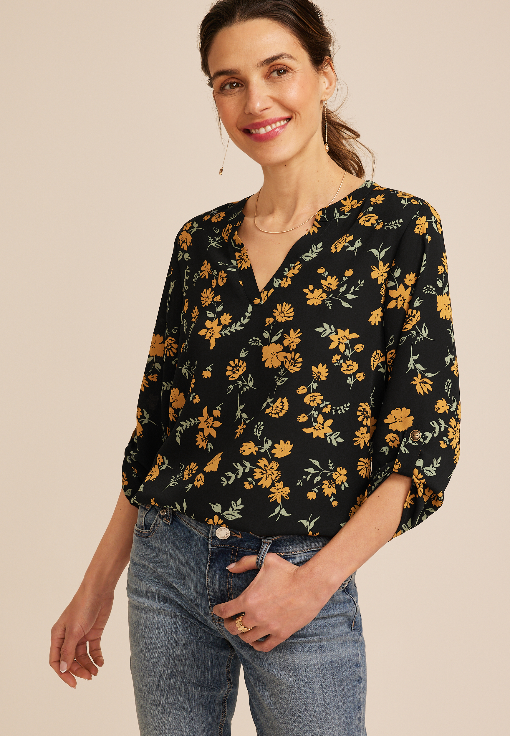 Atwood Floral 3/4 Sleeve Popover Blouse