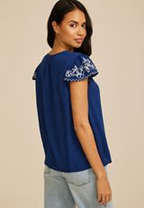 Navy Embroidered Split Neck Short Sleeve Blouse, C3940, small