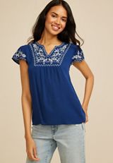 Navy Embroidered Split Neck Short Sleeve Blouse, C3940, small