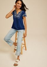 Navy Embroidered Split Neck Short Sleeve Blouse, C3940, small