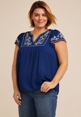 Plus Size Navy Embroidered Split Neck Short Sleeve Blouse, BLUE DEPTHS, small