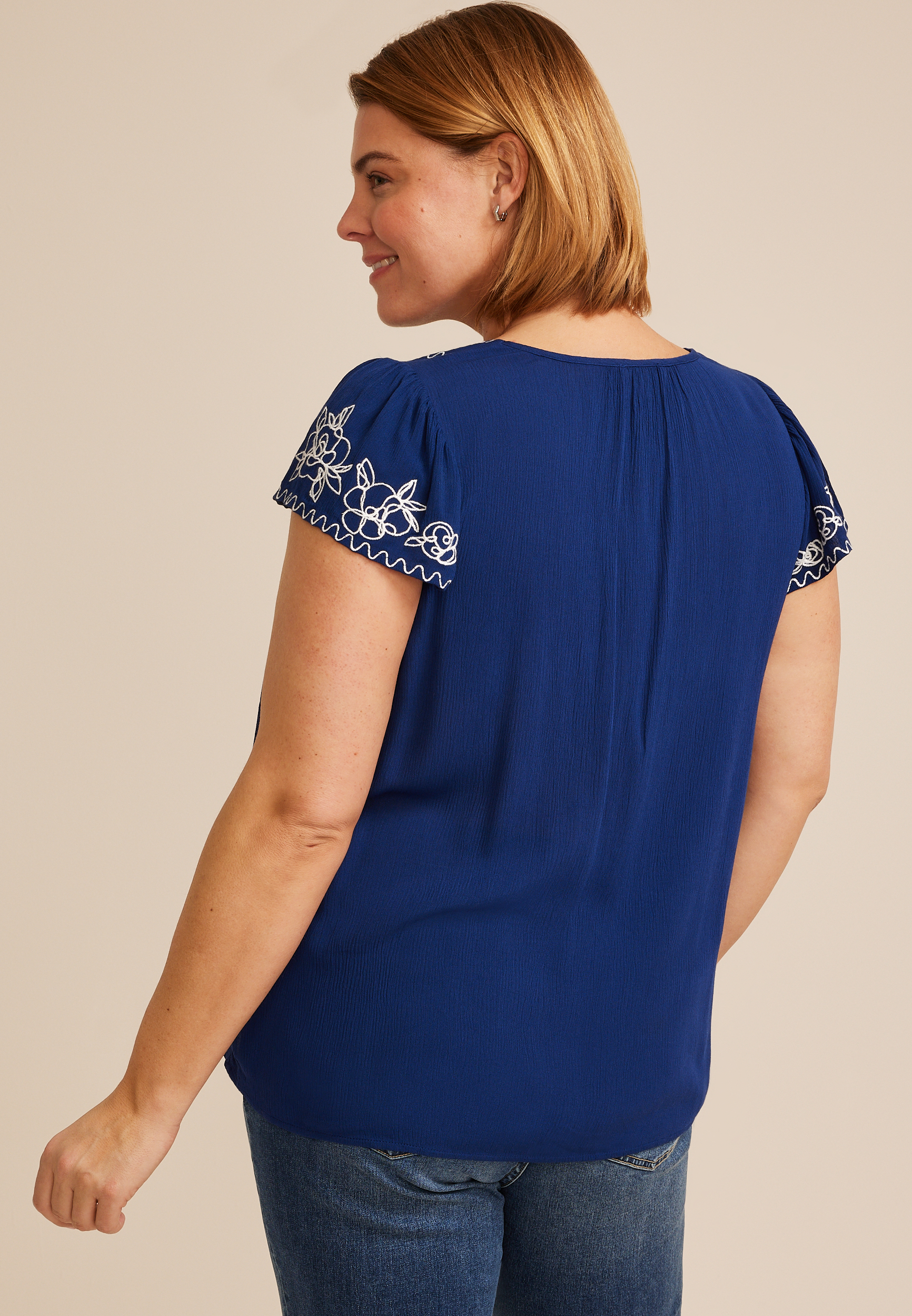 Plus Size Navy Embroidered Split Neck Short Sleeve Blouse, BLUE DEPTHS, large