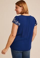Plus Size Navy Embroidered Split Neck Short Sleeve Blouse, BLUE DEPTHS, small