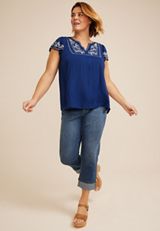 Plus Size Navy Embroidered Split Neck Short Sleeve Blouse, BLUE DEPTHS, small