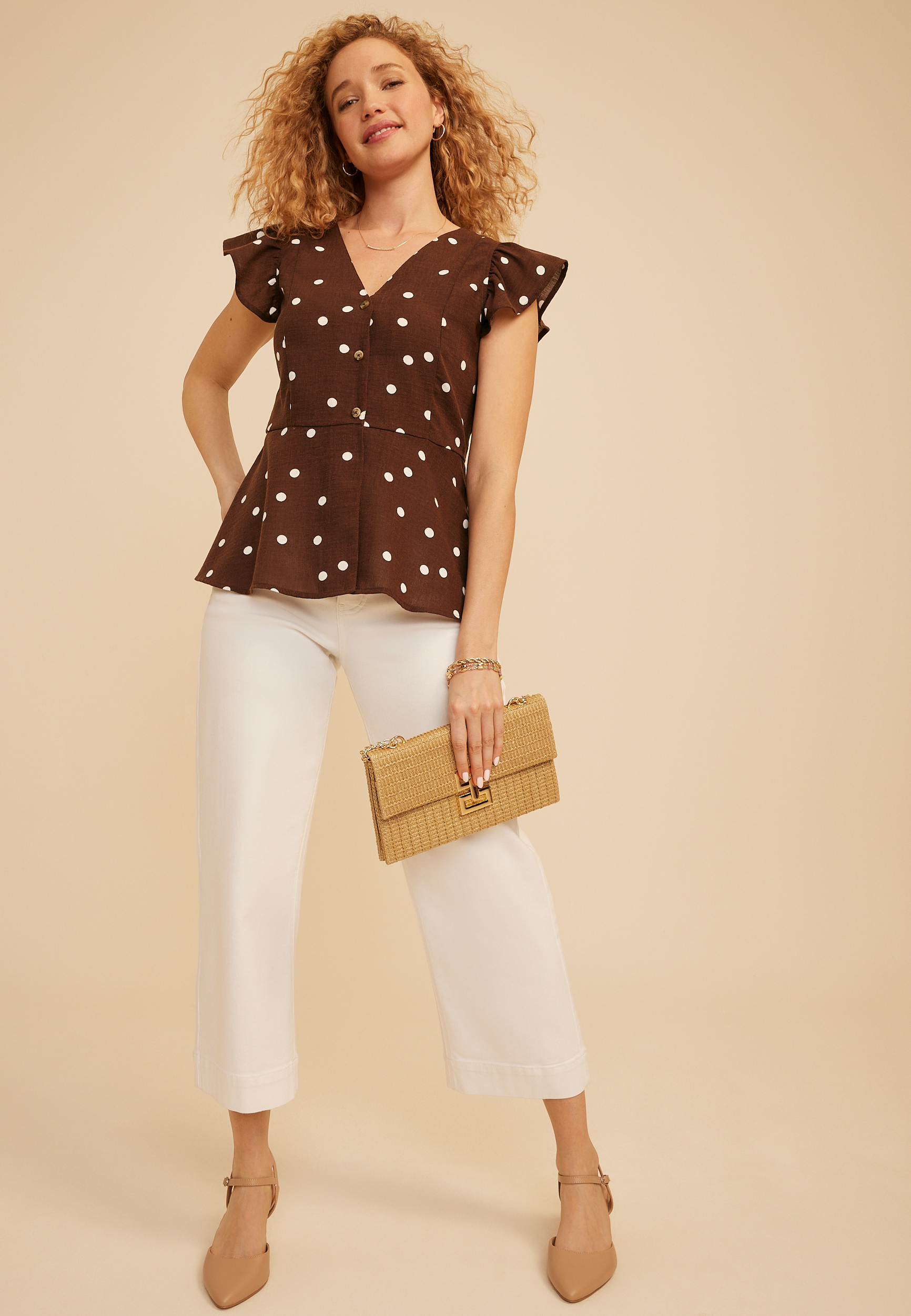 Polka Dot Ruffle Sleeve Blouse, C6115, large