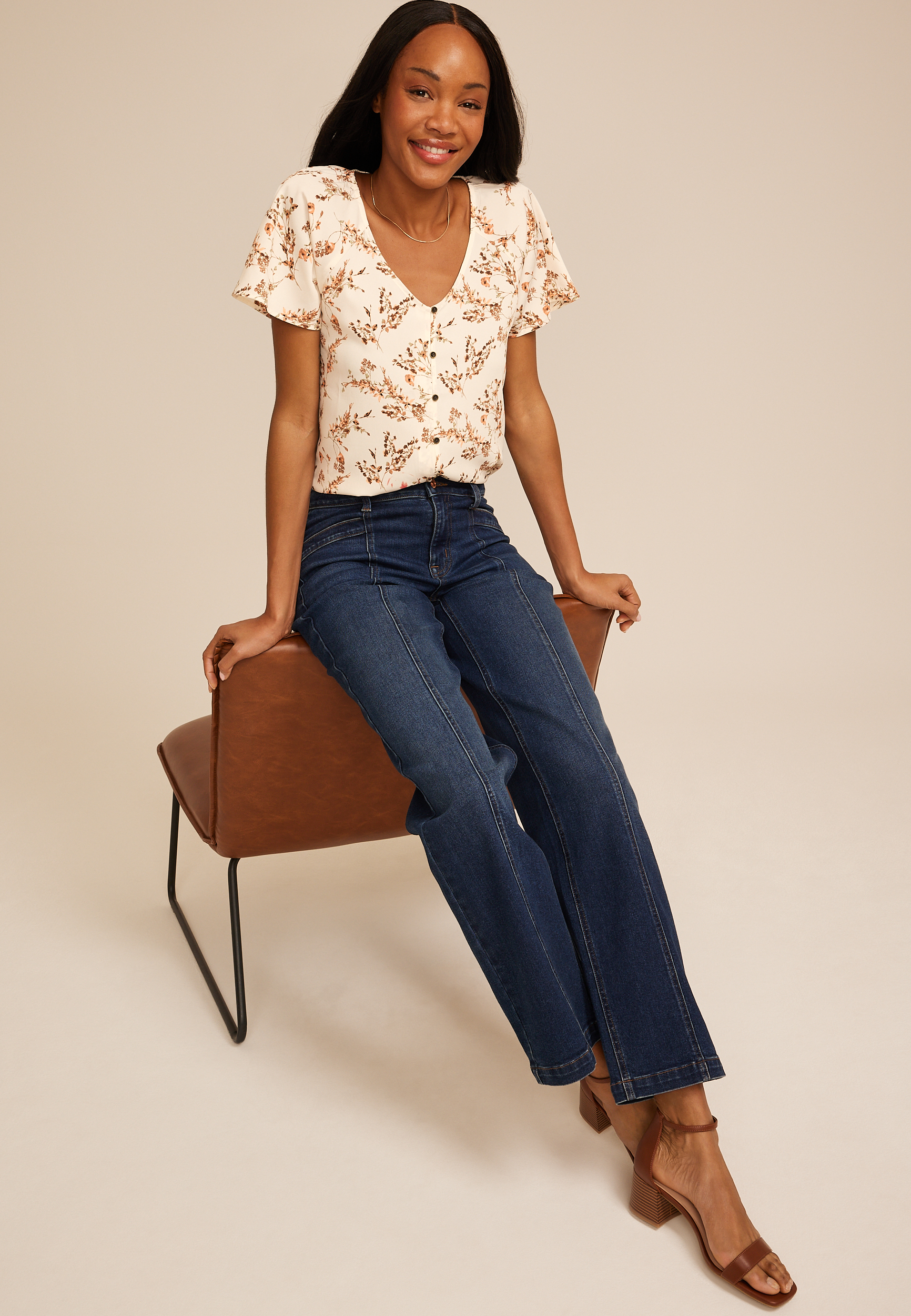 Floral Button Front Flutter Sleeve Blouse, C8086, large