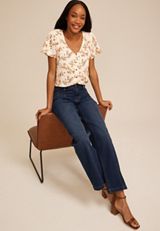 Floral Button Front Flutter Sleeve Blouse, C8086, small