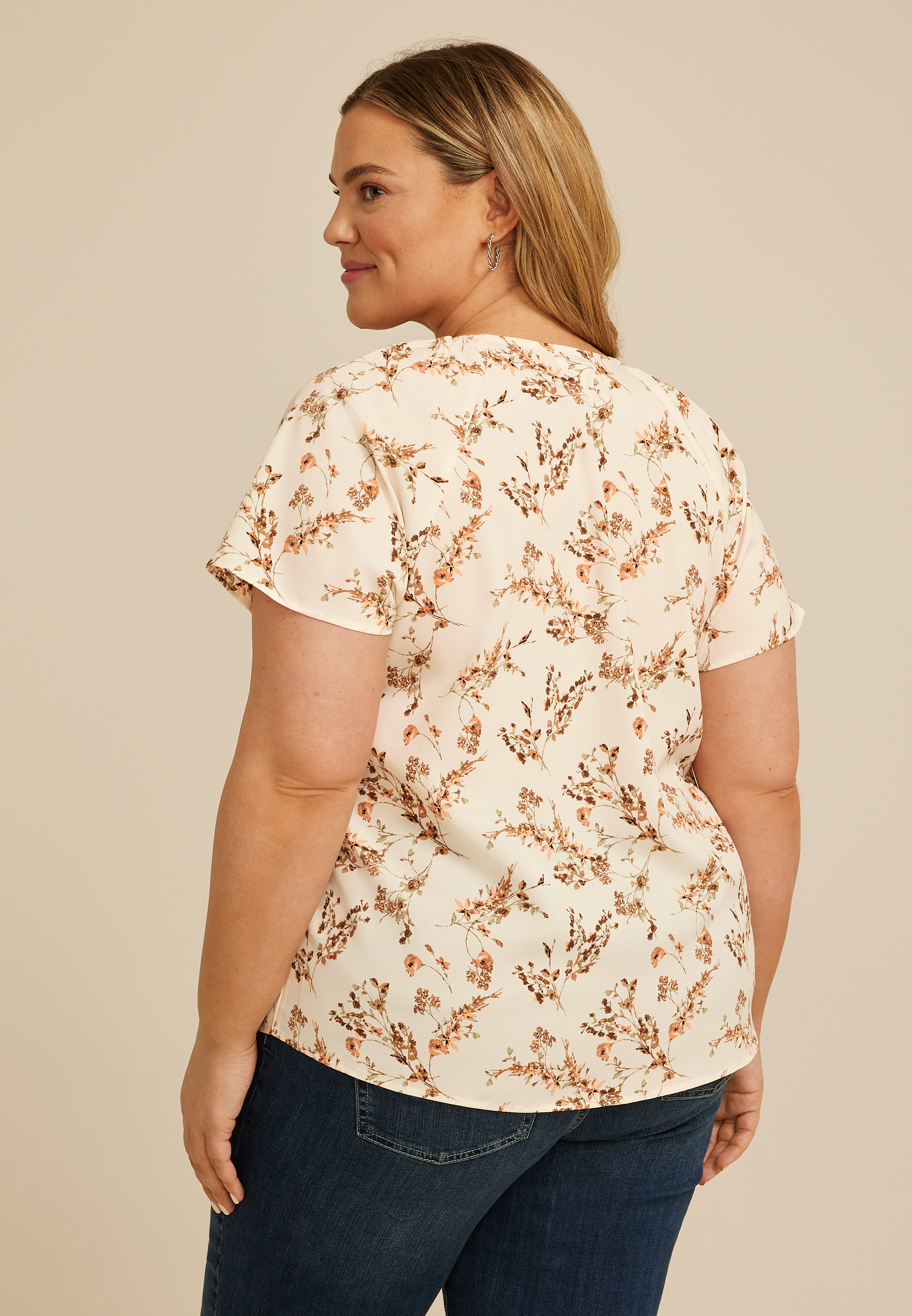 Plus Size Floral Button Front Flutter Sleeve Blouse, C1524, large