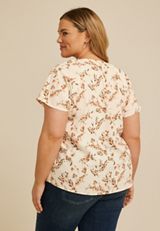 Plus Size Floral Button Front Flutter Sleeve Blouse, C1524, small