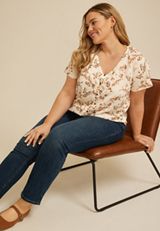 Plus Size Floral Button Front Flutter Sleeve Blouse, C1524, small