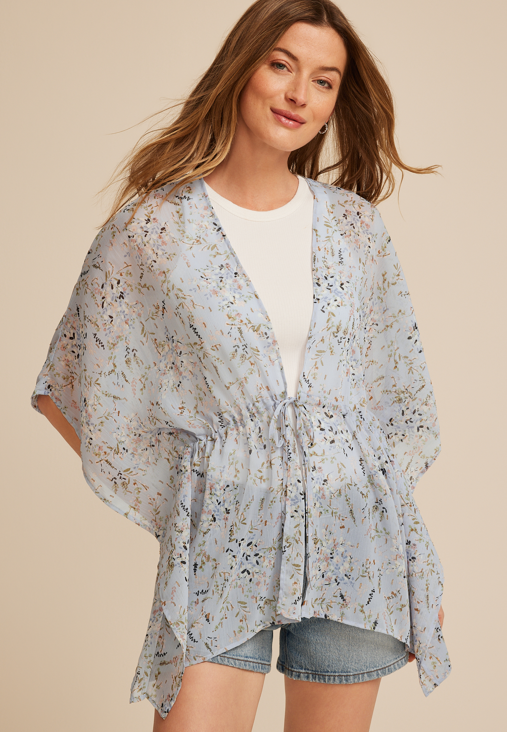 Floral Tie Waist Kimono, HEATHER COMBO, large