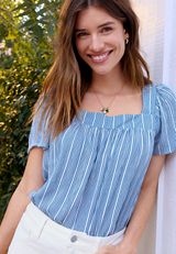 Striped Square Neck Short Sleeve Blouse, C3942, small