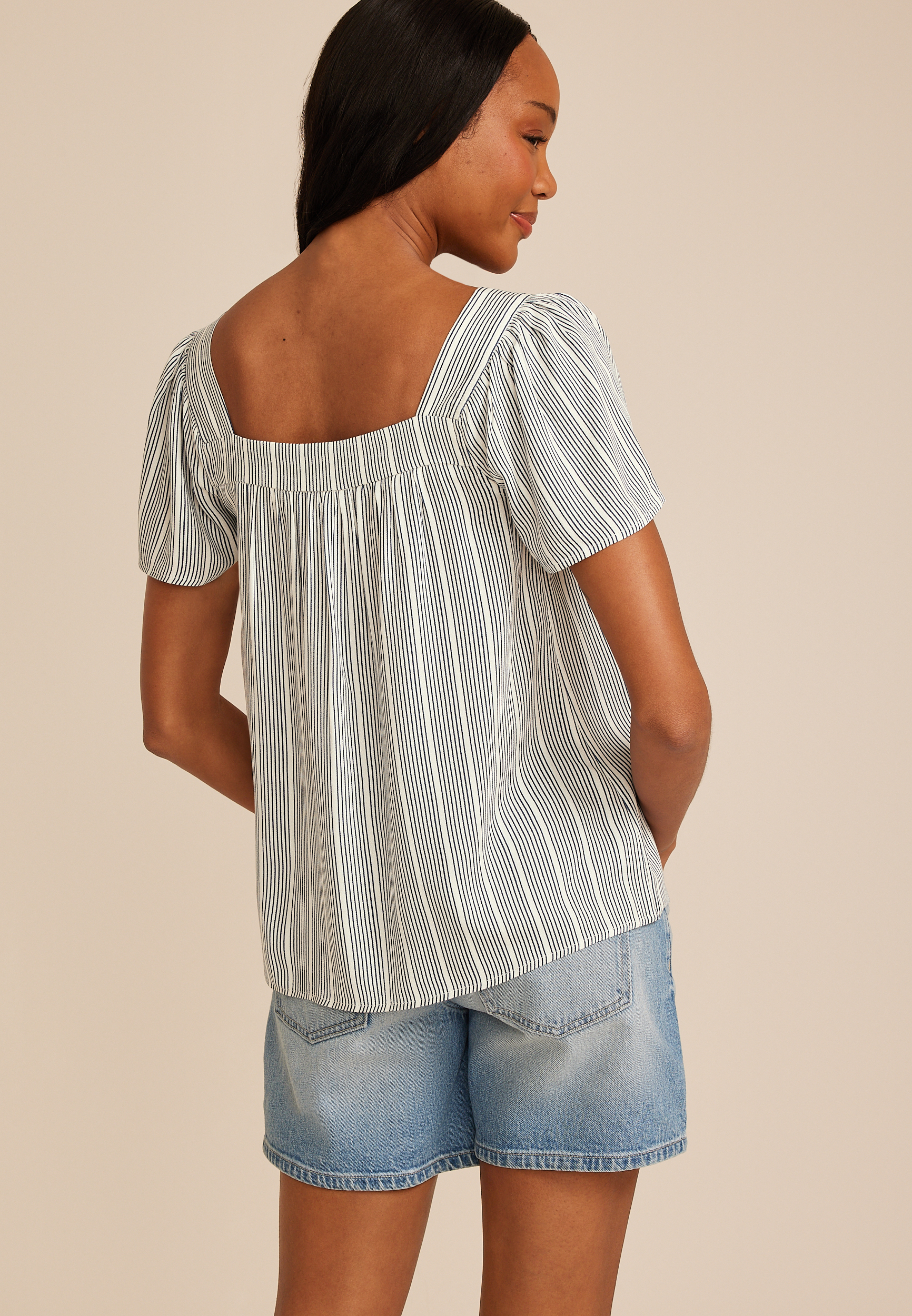 Striped Square Neck Short Sleeve Blouse, C3942, large