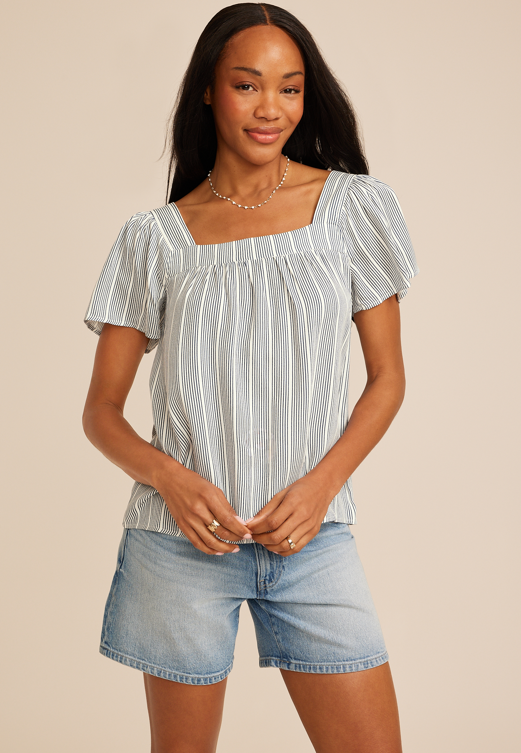 Striped Square Neck Short Sleeve Blouse, C3942, large