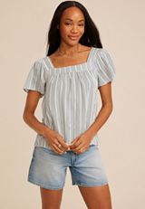Striped Square Neck Short Sleeve Blouse, C3942, small