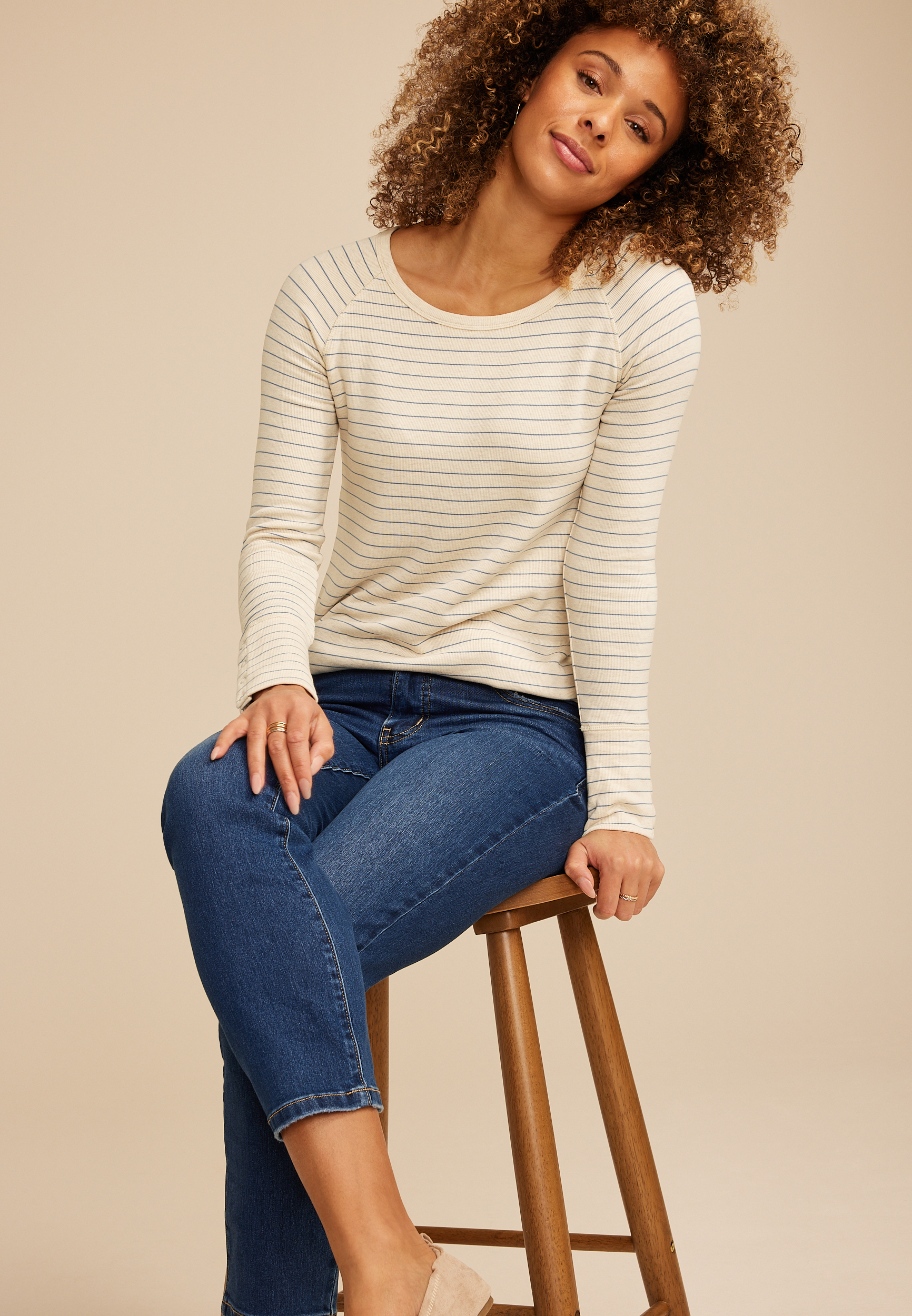 Soft Essential Striped Crew Neck Snap Cuff Top