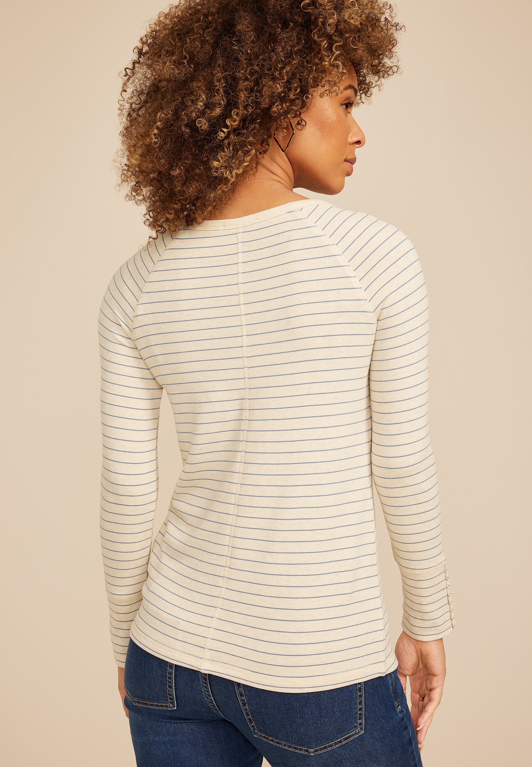 Soft Essential Striped Crew Neck Snap Cuff Top, C5249, large