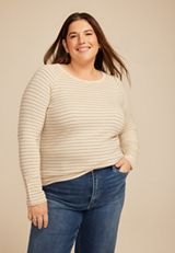 Plus Size Soft Essential Striped Crew Neck Snap Cuff Top, C5249, small