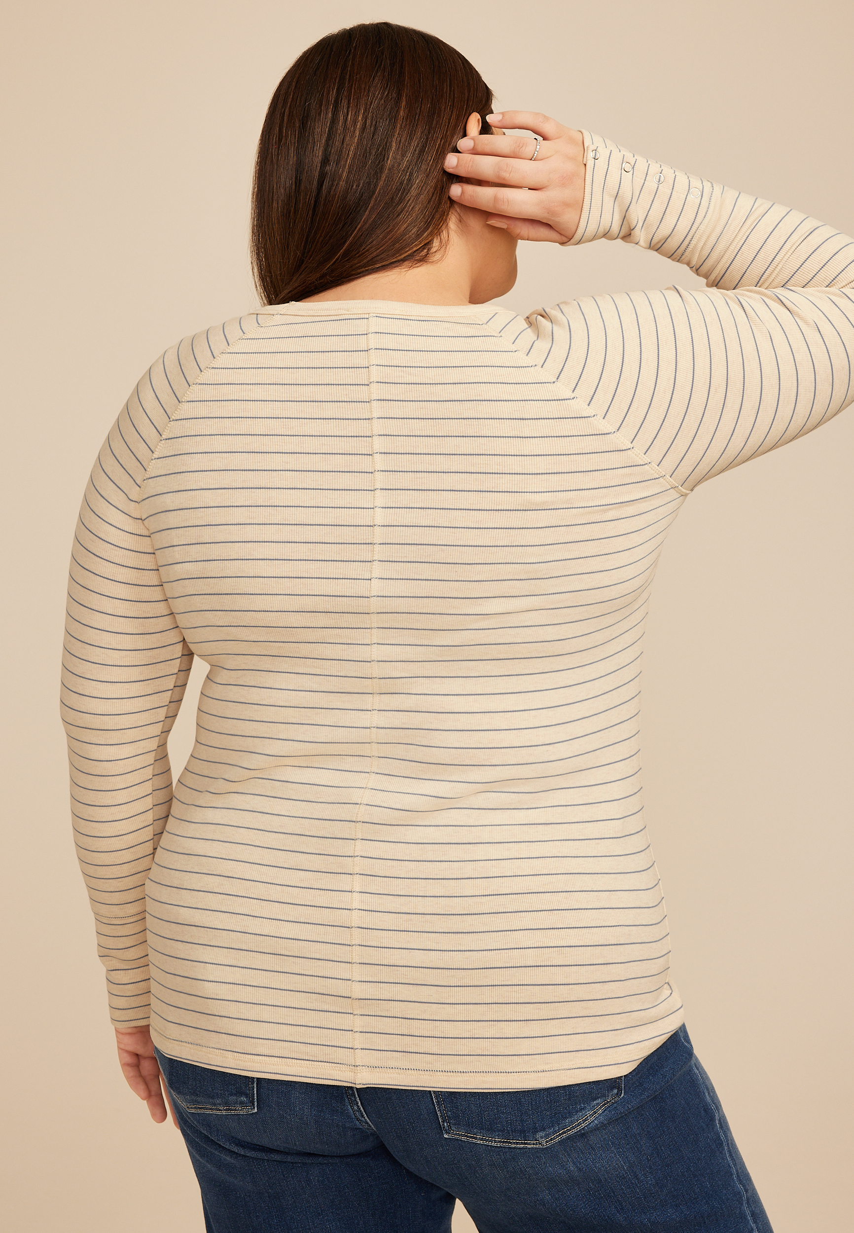 Plus Size Soft Essential Striped Crew Neck Snap Cuff Top, C5249, large