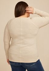 Plus Size Soft Essential Striped Crew Neck Snap Cuff Top, C5249, small