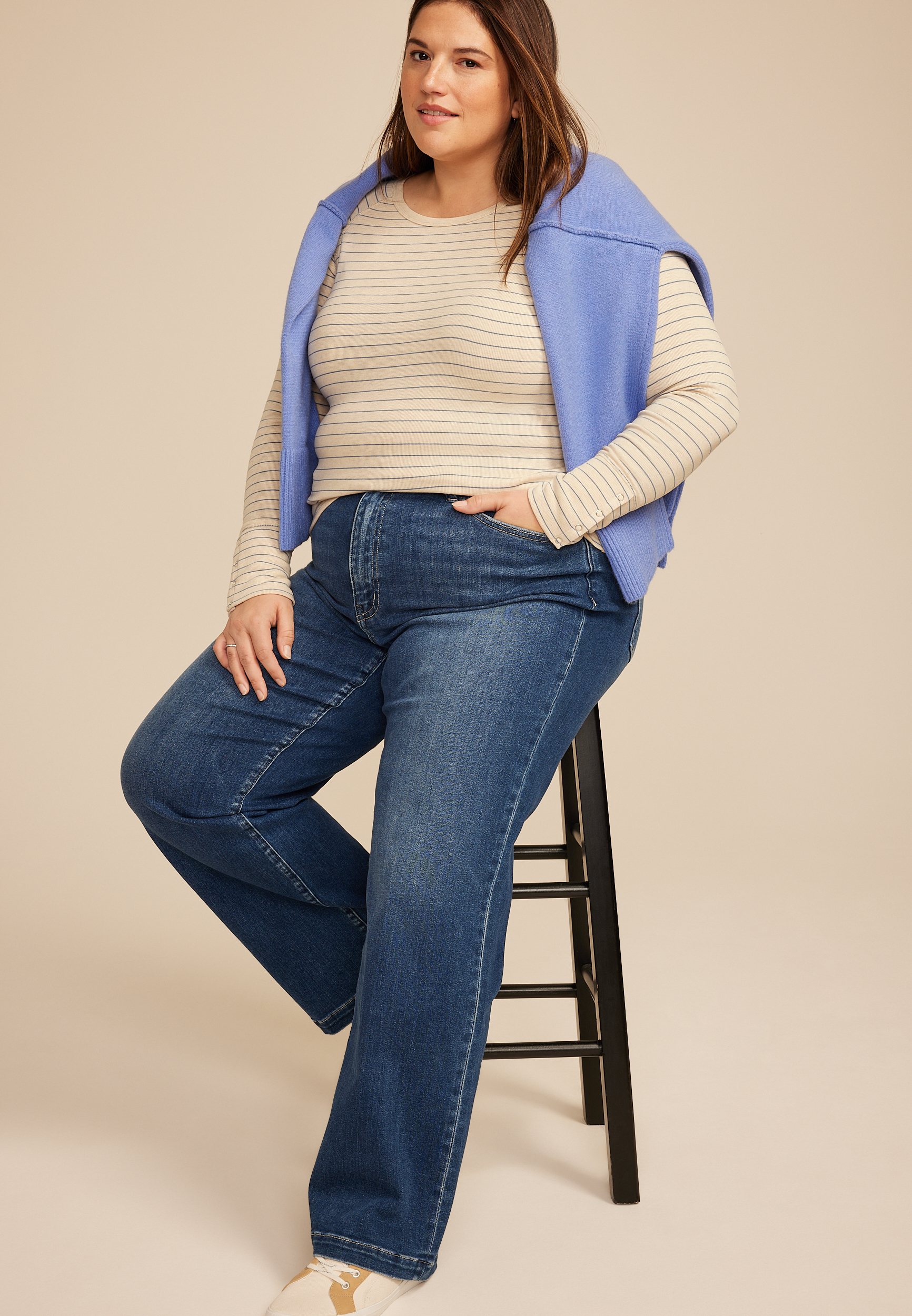 Plus Size Soft Essential Striped Crew Neck Snap Cuff Top, C5249, large