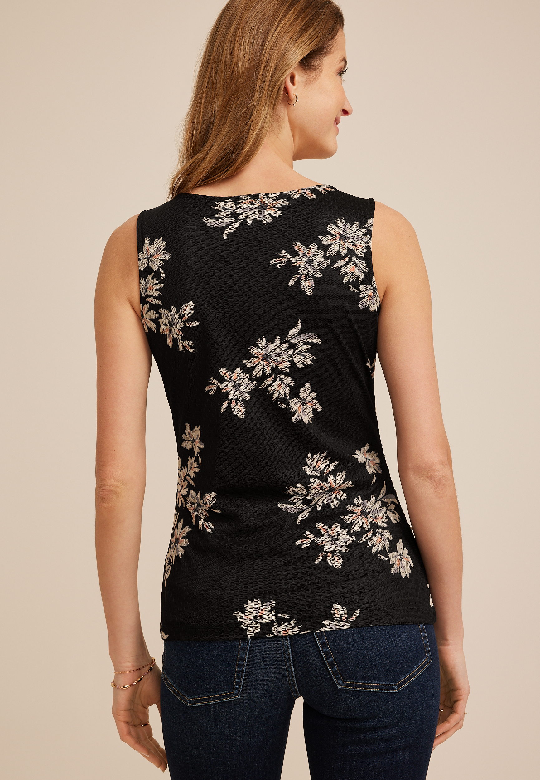 Textured Floral Boat Neck Tank Top, C1756, large