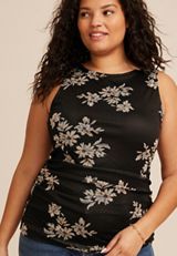 Plus Size Textured Floral Boat Neck Tank Top, BLACK COMBO, small