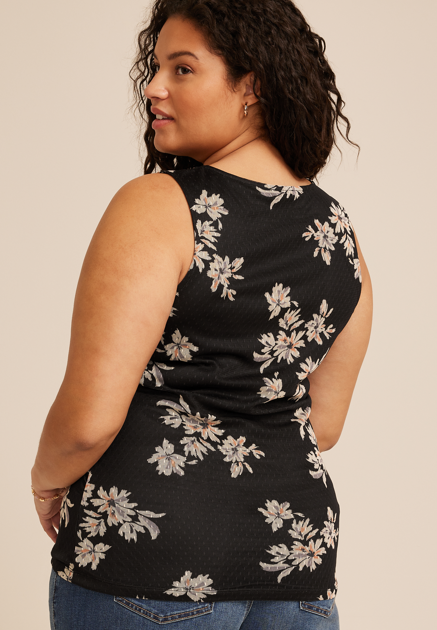Plus Size Textured Floral Boat Neck Tank Top, BLACK COMBO, large
