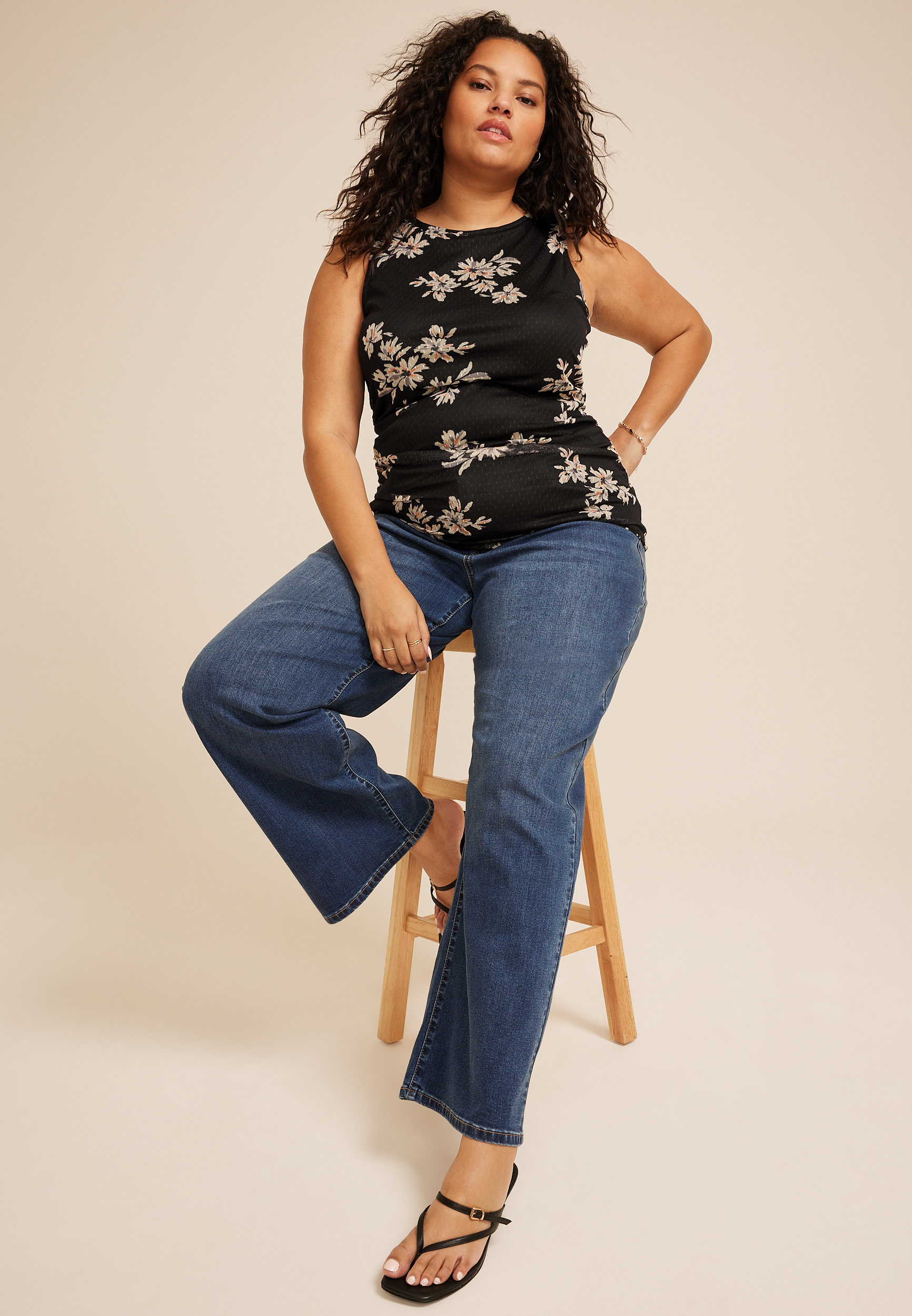 Plus Size Textured Floral Boat Neck Tank Top, BLACK COMBO, large