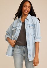Light Wash Fray Hem Denim Shacket, C2806, small