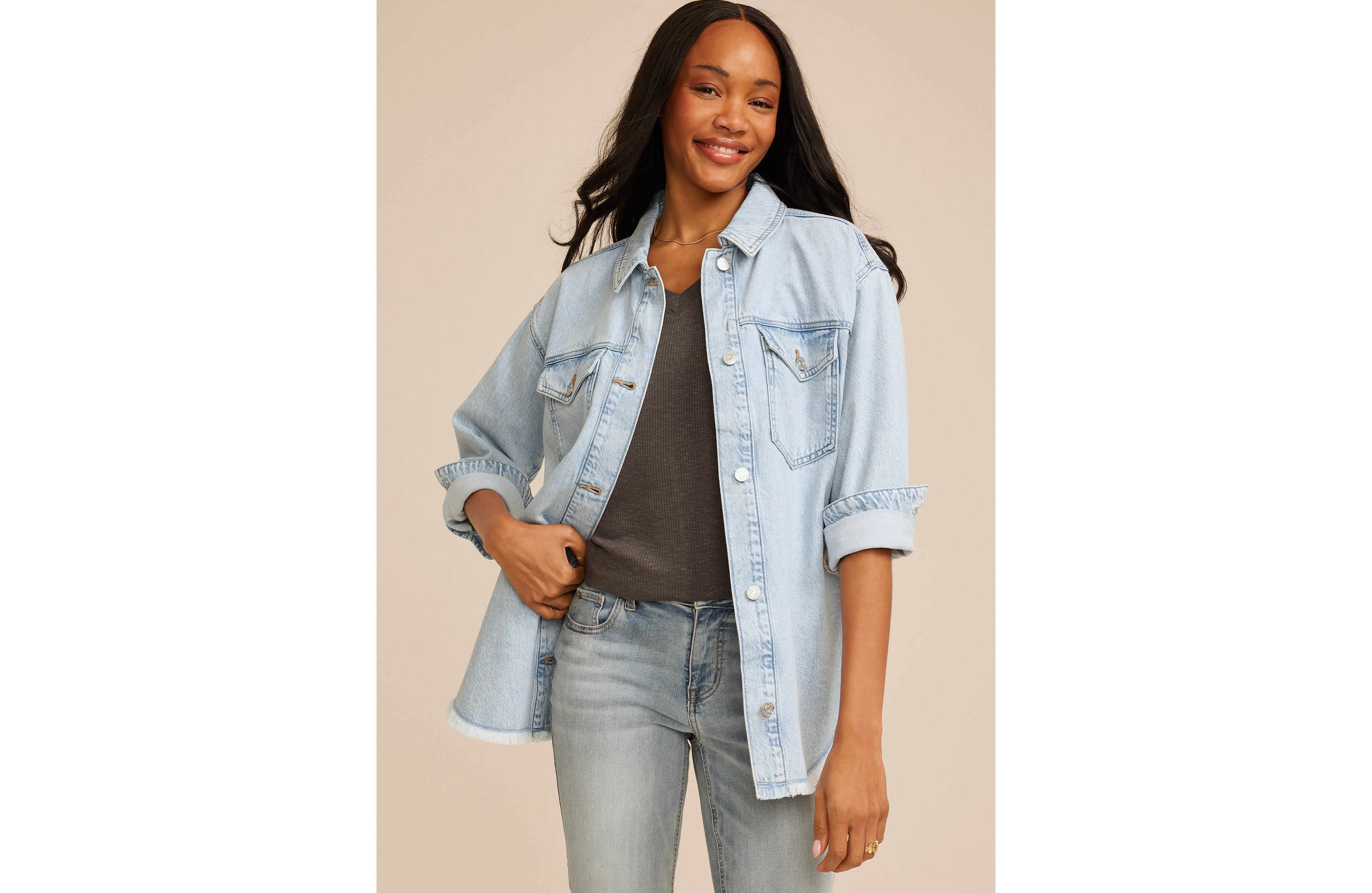 Light Wash Fray Hem Denim Shacket