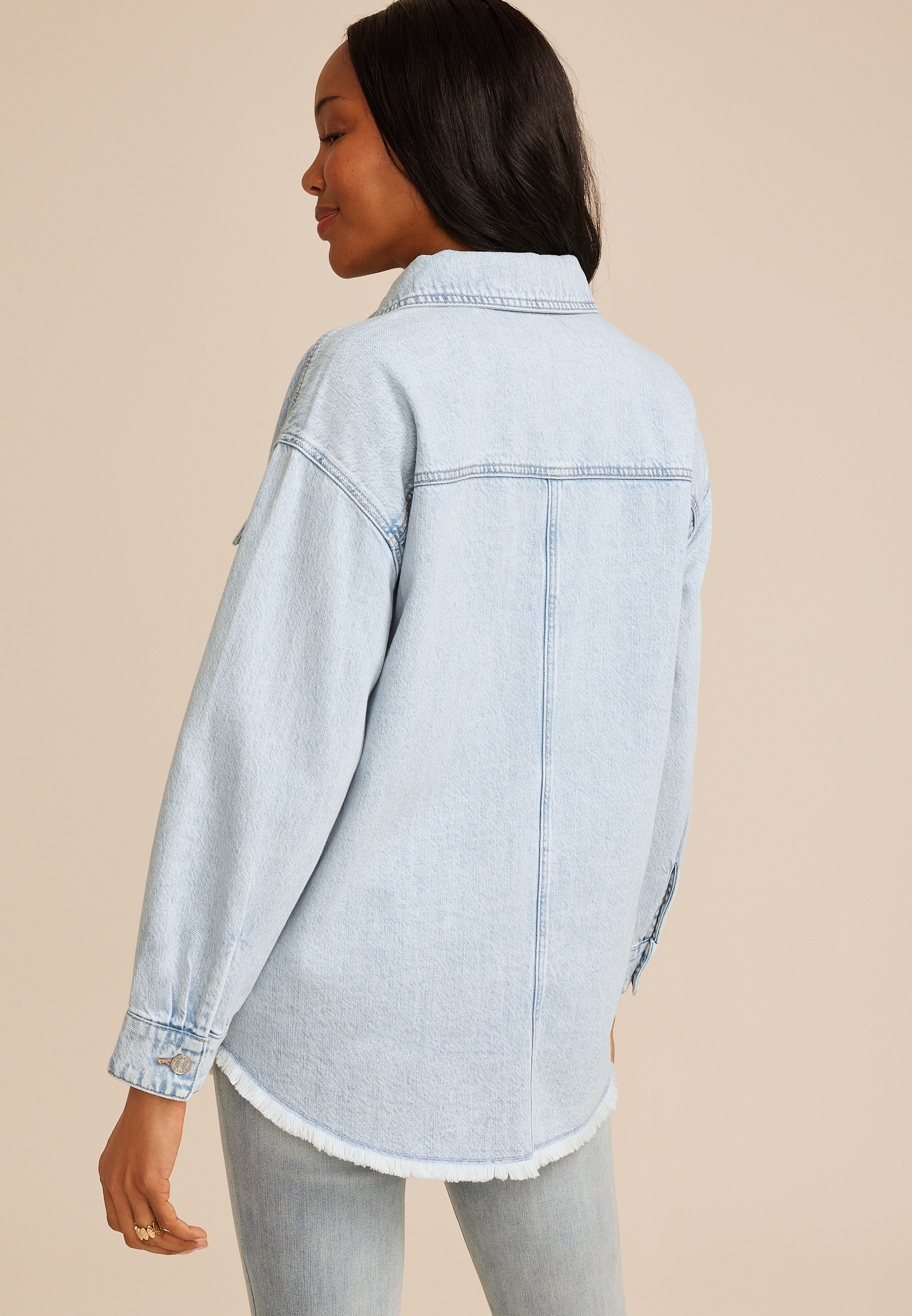 Light Wash Fray Hem Denim Shacket, C2806, large