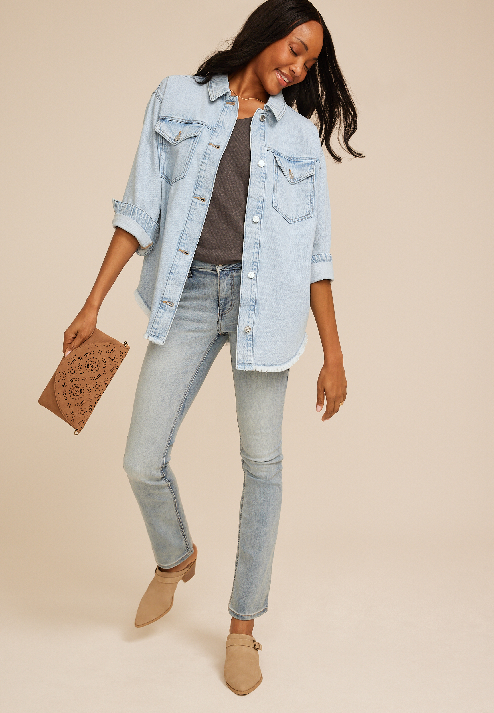 Light Wash Fray Hem Denim Shacket, C2806, large