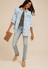 Light Wash Fray Hem Denim Shacket, C2806, small