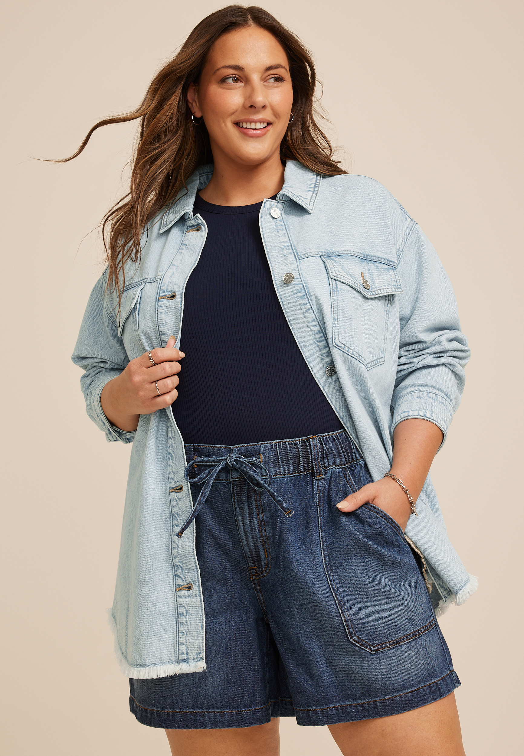 Plus Size Light Wash Fray Hem Denim Shacket