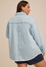 Plus Size Light Wash Fray Hem Denim Shacket, C2806, small