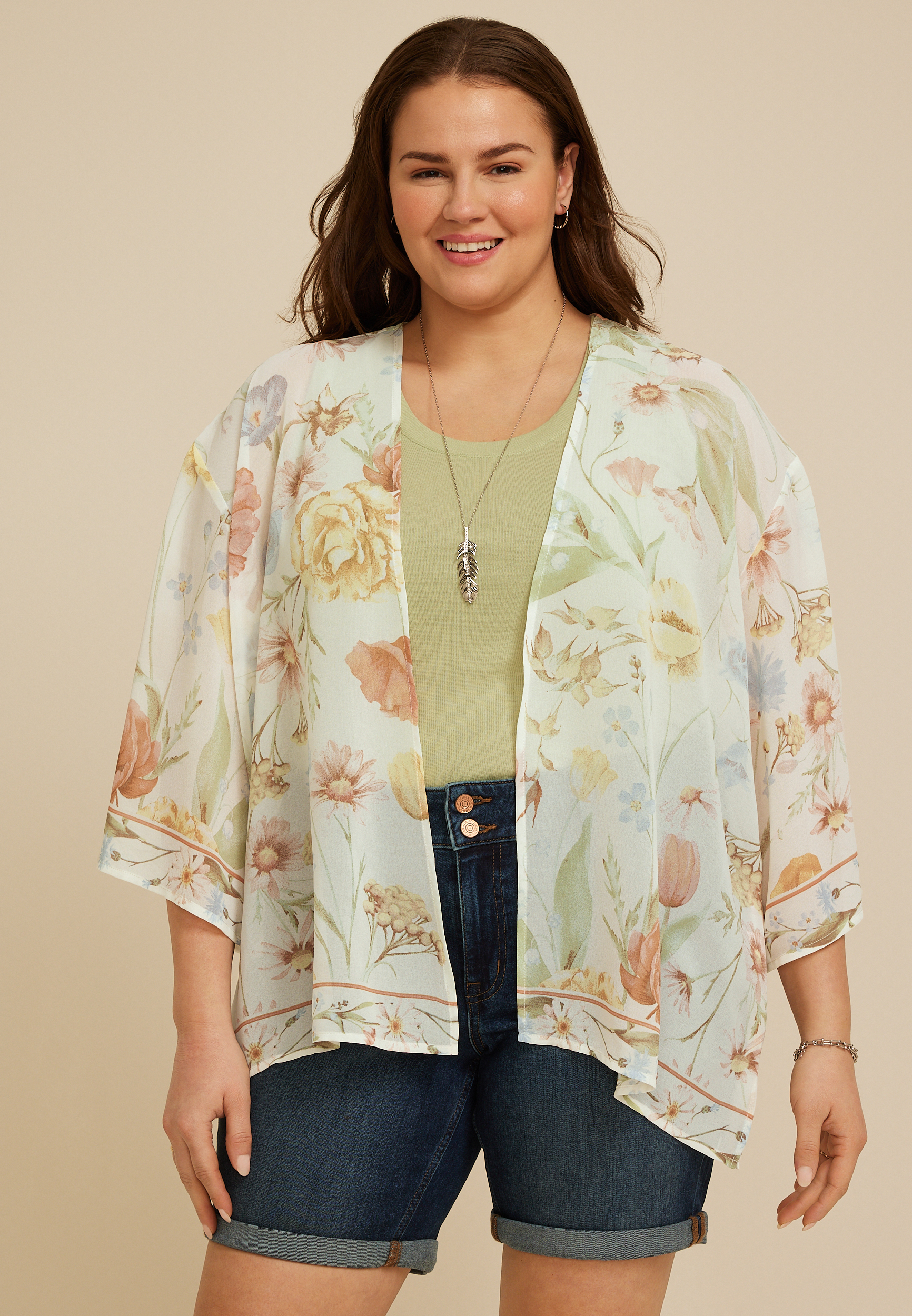 Plus Size Floral Chiffon Kimono