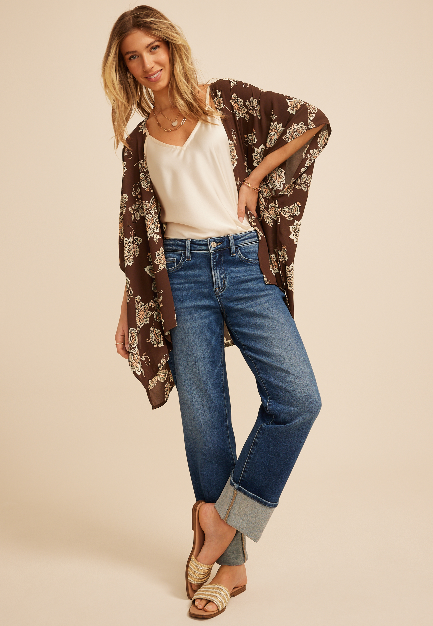 Brown Floral Print Kimono