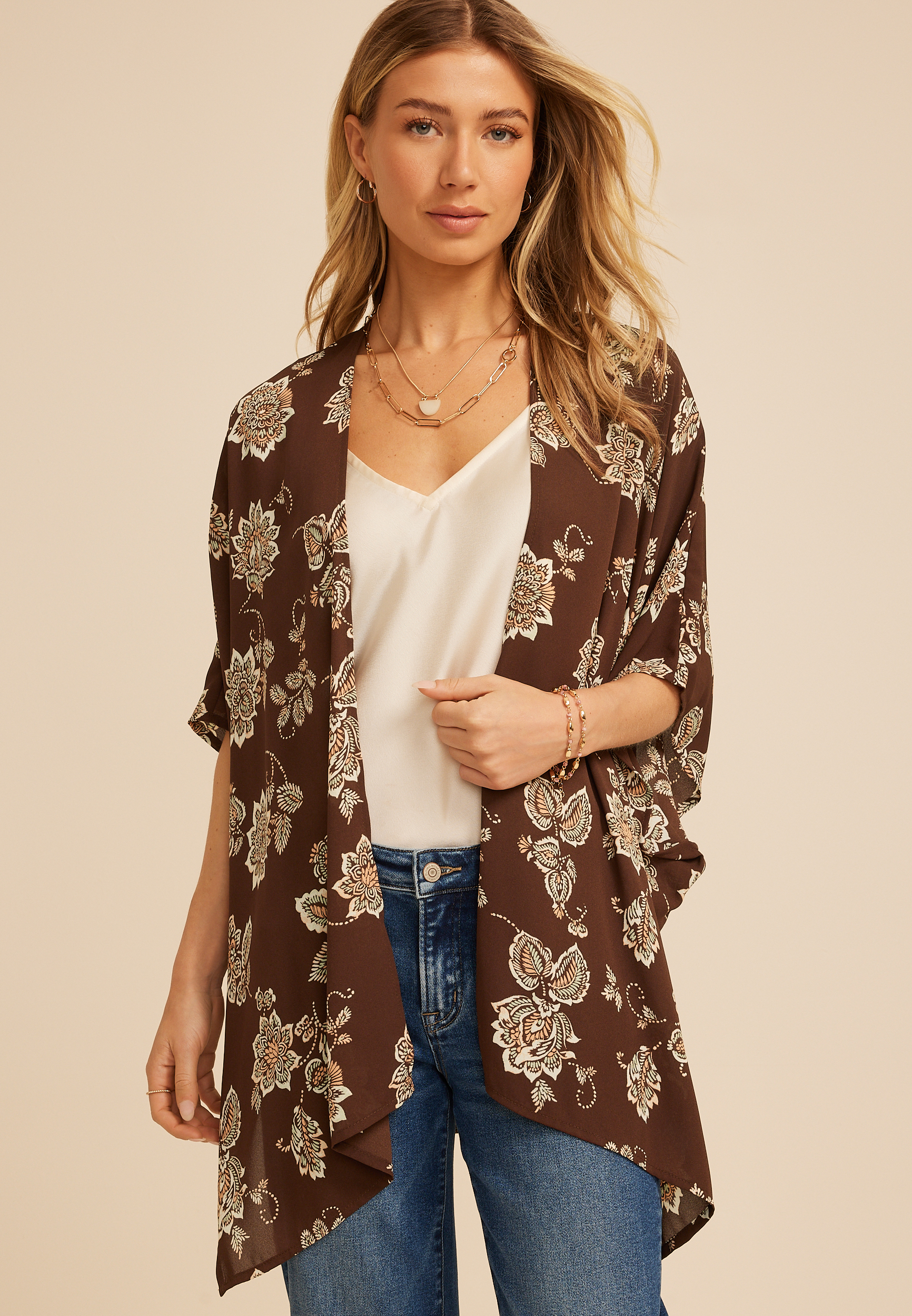 Brown Floral Print Kimono | maurices