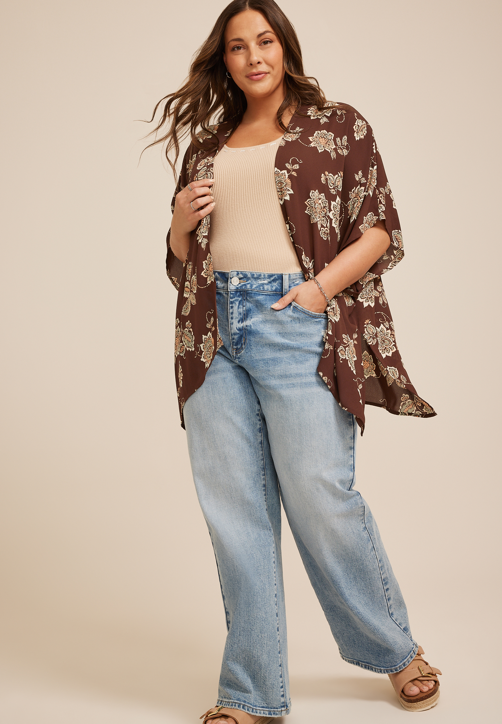Brown Floral Print Kimono | maurices