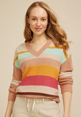 Mixed Stitch Colorblock V Neck Sweater, MULTI COMBO, small